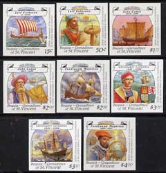 St Vincent - Bequia 1988 Explorers set of 8 unmounted mint imperf progressive proofs in magenta, blue, yellow & black (pale green border omitted) (8 proofs)*. , stamps on explorers     personalities     ships