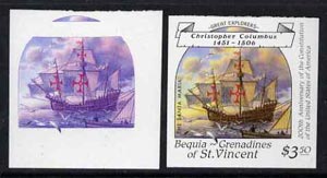 St Vincent - Bequia 1988 Explorers $3.50 (Columbus's Santa Maria) unmounted mint imperf progressive proofs in magenta & blue, and magenta, blue, yellow & black (2 proofs)*. , stamps on explorers        ships      columbus    