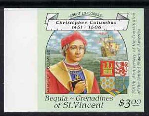 St Vincent - Bequia 1988 Explorers $3.00 (Christopher Columbus & Arms) imperf unmounted mint*. , stamps on , stamps on  stamps on explorers, stamps on  stamps on ships, stamps on  stamps on columbus, stamps on  stamps on heraldry, stamps on  stamps on arms