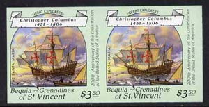 St Vincent - Bequia 1988 Explorers $3.50 (Columbuss Santa Maria) imperf pair unmounted mint*. , stamps on explorers        ships      columbus
