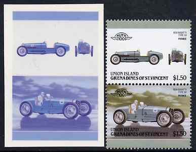 St Vincent - Union Island 1986 Cars #4 (Leaders of the World) $1.50 (1934 Bugatti) die proof in red and blue only (missing Country name, inscription & value) on Cromalin plastic card (ex archives) plus issued stamp, stamps on , stamps on  stamps on cars    racing cars       bugatti