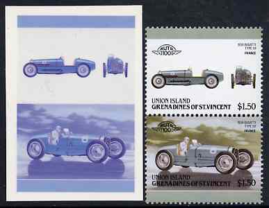 St Vincent - Union Island 1986 Cars #4 (Leaders of the World) $1.50 (1934 Bugatti) die proof in red and blue only (missing Country name, inscription & value) on Cromalin ..., stamps on cars, stamps on racing cars, stamps on , stamps on bugatti