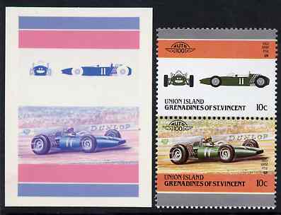 St Vincent - Union Island 1986 Cars #4 (Leaders of the World) 10c (1962 BRM) die proof in red and blue only (missing Country name, inscription & value) on Cromalin plasti..., stamps on cars    racing cars       brm