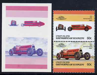 St Vincent - Union Island 1986 Cars #4 (Leaders of the World) 60c (1924 Fiat) die proof in red and blue only (missing Country name, inscription & value) on Cromalin plastic card (ex archives) plus issued stamp, stamps on , stamps on  stamps on cars    racing cars       fiat