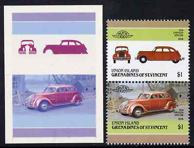 St Vincent - Union Island 1986 Cars #4 (Leaders of the World) $1 (1934 Chrysler) die proof in red and blue only (missing Country name, inscription & value) on Cromalin plastic card (ex archives) plus issued stamp, stamps on , stamps on  stamps on cars       chrysler