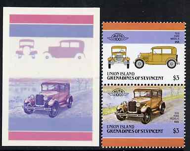 St Vincent - Union Island 1986 Cars #4 (Leaders of the World) $3 (1928 Ford Model 'A') die proof in red and blue only (missing Country name, inscription & value) on Cromalin plastic card (ex archives) plus issued stamp, stamps on , stamps on  stamps on cars       ford