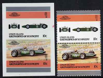 St Vincent - Union Island 1986 Cars #4 (Leaders of the World) $1.50 (1934 Bugatti) full colour die proof on Cromalin plastic card (ex archives) plus issued stamp, stamps on , stamps on  stamps on cars    racing cars       bugatti