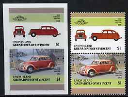 St Vincent - Union Island 1986 Cars #4 (Leaders of the World) 60c (1924 Fiat) full colour die proof on Cromalin plastic card (ex archives) plus issued stamp, stamps on , stamps on  stamps on cars    racing cars       fiat