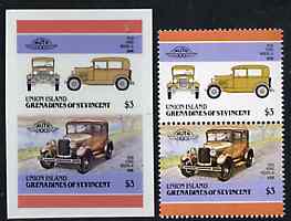 St Vincent - Union Island 1986 Cars #4 (Leaders of the World) $3 (1928 Ford Model 'A') full colour die proof on Cromalin plastic card (ex archives) plus issued stamp, stamps on , stamps on  stamps on cars       ford