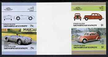 St Vincent - Union Island 1986 Cars #4 (Leaders of the World) imperf se-tenant gutter pair comprising $1 (1934 Chrysler) & 75c (1954 Porsche) folded through gutter & 75c pair creased but rare ex archive item unmounted mint, stamps on , stamps on  stamps on cars    racing cars       chrysler     porsche