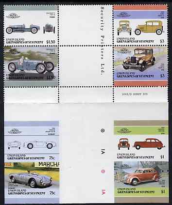 St Vincent - Union Island 1986 Cars #4 (Leaders of the World) se-tenant cross gutter block comprising $1 (1934 Chrysler), 75c (1954 Porsche), $3 (1928 Ford Model A) & $1...., stamps on cars    racing cars       chrysler     ford    porsche      bugatti