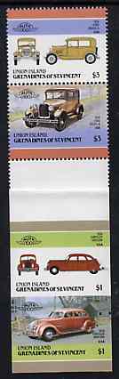 St Vincent - Union Island 1986 Cars #4 (Leaders of the World) se-tenant gutter pair comprising $1 (1934 Chrysler) & $3 (1928 Ford Model 'A'), the $3 pair is perf and  $1 pair imperf, folded through gutter, a rare ex archive item unmounted mint, stamps on cars    racing cars       chrysler     ford