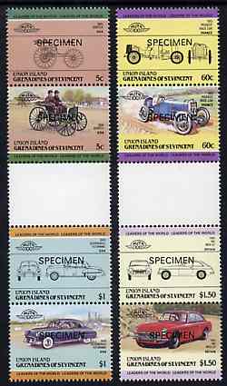 St Vincent - Union Island 1985 Cars #2 (Leaders of the World) set of 8 optd SPECIMEN unmounted mint, stamps on cars, stamps on  mg , stamps on  mgb , stamps on oldsmobile     peugeot    duryea