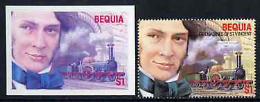 St Vincent - Bequia 1986 Locomotives & Engineers (Leaders of the World) $1.00 (Sir Daniel Gooch & Firefly) die proof in red and blue only (missing detail & inscription) o..., stamps on railways    engineers