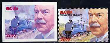St Vincent - Bequia 1986 Locomotives & Engineers (Leaders of the World) $2.50 (Sir Nigel Gresley & Mallard) die proof in red and blue only (missing detail & inscription) on Cromalin plastic card (ex archives) plus issued stamp, stamps on railways    engineers, stamps on scots, stamps on scotland