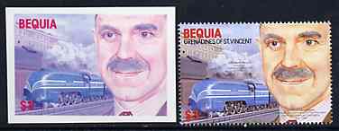 St Vincent - Bequia 1986 Locomotives & Engineers (Leaders of the World) $3.00 (Sir William Stanier & Coronation) die proof in red and blue only (missing detail & inscription) on Cromalin plastic card (ex archives) plus issued stamp, stamps on , stamps on  stamps on railways    engineers