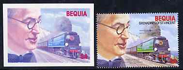 St Vincent - Bequia 1986 Locomotives & Engineers (Leaders of the World) $4.00 (Oliver Bullied & Battle of Britain Class) die proof in red and blue only (missing detail & inscription) on Cromalin plastic card (ex archives) plus issued stamp, stamps on , stamps on  stamps on railways    engineers