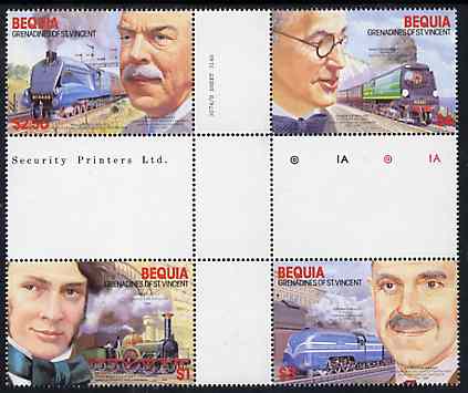 St Vincent - Bequia 1986 Locomotives & Engineers (Leaders of the World) set of 4 in se-tenant cross-gutter block (folded through perfs) from uncut archive proof sheet, so..., stamps on railways    engineers