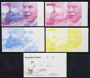 St Vincent - Bequia 1986 Locomotives & Engineers (Leaders of the World) $2.50 (Sir Nigel Gresley & Mallard) set of 5 imperf progressive proofs comprising the 4 individual colours plus blue & magenta composite* unmounted mint, stamps on , stamps on  stamps on railways    engineers, stamps on  stamps on scots, stamps on  stamps on scotland