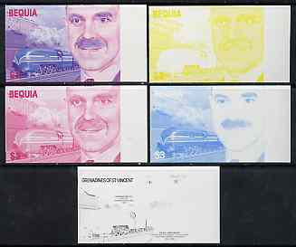 St Vincent - Bequia 1986 Locomotives & Engineers (Leaders of the World) $3.00 (Sir William Stanier & Coronation) set of 5 imperf progressive proofs comprising the 4 individual colours plus blue & magenta composite* unmounted mint, stamps on , stamps on  stamps on railways    engineers