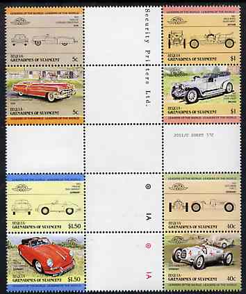 St Vincent - Bequia 1984 Cars #1 (Leaders of the World) set of 8 in se-tenant cross-gutter blocks (folded through gutters or perfs) from uncut archive proof sheet, some split perfs & wrinkles but a rare archive item unmounted mint, stamps on , stamps on  stamps on cars    porsche     rolls royce    auto union      cadillac