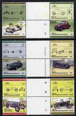 St Vincent - Bequia 1985 Cars #3 (Leaders of the World) set of 12 in se-tenant gutter pairs (folded through gutters or perfs) from uncut archive proof sheets unmounted mint, stamps on cars    racing cars    hudson    vanwall    fiat     benz blitzen    excalibur    lanchester