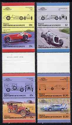 St Vincent - Bequia 1985 Cars #4 (Leaders of the World) set of 8 in se-tenant gutter pairs (folded through gutters or perfs) from uncut archive proof sheet unmounted mint, stamps on cars    racing cars     plymouth    chadwick     alfa    napier