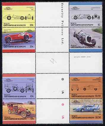 St Vincent - Bequia 1985 Cars #4 (Leaders of the World) set of 8 in se-tenant cross-gutter block (folded through gutters) from uncut archive proof sheet, some split perfs..., stamps on cars    racing cars     plymouth    chadwick     alfa    napier