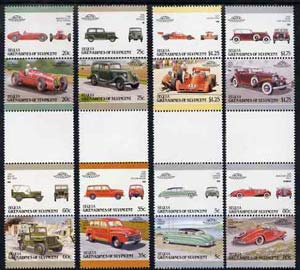 St Vincent - Bequia 1987 Cars #7 (Leaders of the World) set of 16 in se-tenant gutter pairs (folded through gutters or perfs) from uncut archive proof sheet unmounted mint, stamps on , stamps on  stamps on cars    racing cars    stutz     ford    mercedes    hudson    maserati     willys jeep      militaria