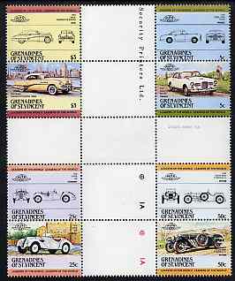 St Vincent - Grenadines 1984 Cars #1 (Leaders of the World) set of 8 in se-tenant cross-gutter block (folded through gutters) from uncut archive proof sheet, some split p..., stamps on cars    buick    frazer nash    bmw    facel vega