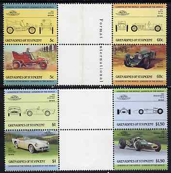 St Vincent - Grenadines 1985 Cars #2 (Leaders of the World) set of 8 in se-tenant gutter pairs (folded through gutters or perfs) from uncut archive proof sheet (SG 378-85..., stamps on cars    racing cars     invicta     daimler     brabham    winton