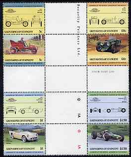 St Vincent - Grenadines 1985 Cars #2 (Leaders of the World) set of 8 in se-tenant cross-gutter block (folded through gutters) from uncut archive proof sheet, some split perfs & wrinkles but a rare archive item unmounted mint (SG 378-85), stamps on , stamps on  stamps on cars    racing cars     invicta     daimler     brabham    winton