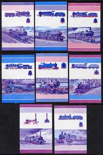 St Vincent - Bequia 1984 Locomotives #2 (Leaders of the World) set of 16 (8 se-tenant pairs) each in imperf progressive colour proofs in magenta & blue only unmounted mint , stamps on railways