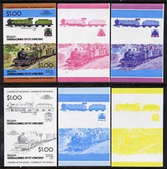 St Vincent - Bequia 1984 Locomotives #2 (Leaders of the World) $1.00 (0-8-2 River Irt) set of 6 imperf se-tenant progressive proof pairs comprising the 4 individual colours plus 2-colour and all 4-colour composites unmounted mint, stamps on railways