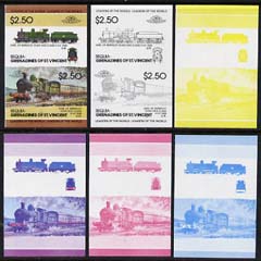 St Vincent - Bequia 1984 Locomotives #2 (Leaders of the World) $2.50 (4-4-0 Earl of Berkeley) set of 6 imperf se-tenant progressive proof pairs comprising the 4 individua..., stamps on railways