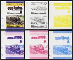 St Vincent - Bequia 1984 Locomotives #2 (Leaders of the World) $3.00 (4-4-0 George the Fifth) set of 6 imperf se-tenant progressive proof pairs comprising the 4 individual colours plus 2-colour and all 4-colour composites unmounted mint, stamps on railways