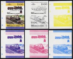 St Vincent - Bequia 1984 Locomotives #2 (Leaders of the World) $3.00 (4-4-0 George the Fifth) set of 6 imperf se-tenant progressive proof pairs comprising the 4 individual colours plus 2-colour and all 4-colour composites unmounted mint, stamps on , stamps on  stamps on railways