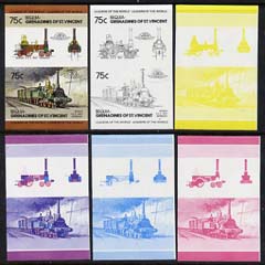 St Vincent - Bequia 1984 Locomotives #2 (Leaders of the World) 75c (4-4-2 Borsig) set of 6 imperf se-tenant progressive proof pairs comprising the 4 individual colours pl..., stamps on railways