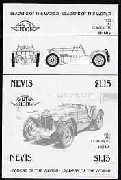 Nevis 1985 $2.50 MG Midget (1930) imperf progressive colour proof in se-tenant pair in black only (as SG 261a) unmounted mint, stamps on cars, stamps on  mg , stamps on 