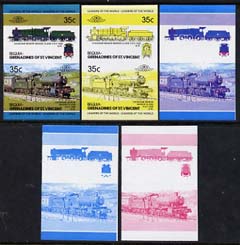 St Vincent - Bequia 1984 Locomotives #2 (Leaders of the World) 35c (4-6-0 Manor Class) set of 5 imperf se-tenant progressive proof pairs comprising two individual colours, two 2-colour and all 4-colour composites unmounted mint, stamps on railways