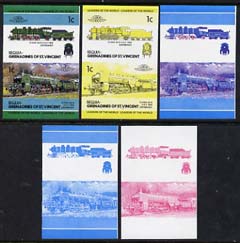 St Vincent - Bequia 1984 Locomotives #2 (Leaders of the World) 1c (4-6-2 Class S3/6) set of 5 imperf se-tenant progressive proof pairs comprising two individual colours, ..., stamps on railways