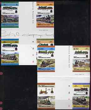 St Vincent - Bequia 1984 Locomotives #2 (Leaders of the World) set of 16 in imperf se-tenant cross-gutter blocks (folded through gutters) from uncut archive proof sheets, a rare archive item unmounted mint, stamps on , stamps on  stamps on railways