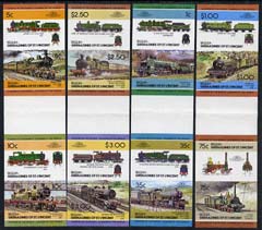St Vincent - Bequia 1984 Locomotives #2 (Leaders of the World) set of 16 in imperf se-tenant gutter pairs (folded through gutters) from uncut archive proof sheets, a rare archive item unmounted mint, stamps on , stamps on  stamps on railways