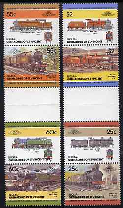 St Vincent - Bequia 1985 Locomotives #3 (Leaders of the World) set of 8 in se-tenant gutter pairs (folded through gutters or perfs) from uncut archive proof sheets unmoun..., stamps on railways