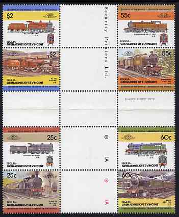 St Vincent - Bequia 1985 Locomotives #3 (Leaders of the World) set of 8 in se-tenant cross-gutter block (folded through gutters) from uncut archive proof sheet, some spli..., stamps on railways