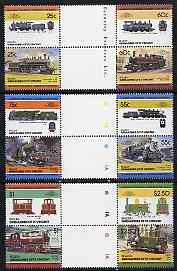 St Vincent - Bequia 1985 Locomotives #4 (Leaders of the World) set of 12 in se-tenant gutter pairs (folded through gutters or perfs) from uncut archive proof sheets unmounted mint, stamps on railways