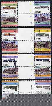 St Vincent - Bequia 1984 Locomotives #1 (Leaders of the World) set of 16 in se-tenant gutter pairs (folded through gutters or perfs) from uncut archive proof sheets unmounted mint, stamps on railways