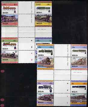 St Vincent - Bequia 1984 Locomotives #1 (Leaders of the World) set of 16 in se-tenant cross-gutter block (folded through gutters) from uncut archive proof sheet, some split perfs & wrinkles but a rare archive item unmounted mint, stamps on railways