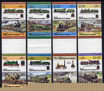 St Vincent - Bequia 1984 Locomotives #2 (Leaders of the World) set of 16 in se-tenant gutter pairs (folded through gutters or perfs) from uncut archive proof sheets unmounted mint, stamps on railways