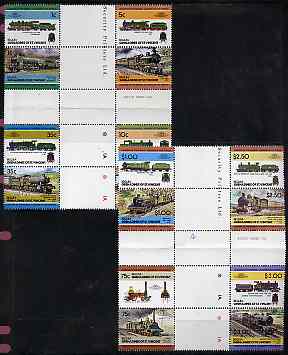 St Vincent - Bequia 1984 Locomotives #2 (Leaders of the World) set of 16 in se-tenant cross-gutter block (folded through gutters) from uncut archive proof sheet, some split perfs & wrinkles but a rare archive item unmounted mint, stamps on railways